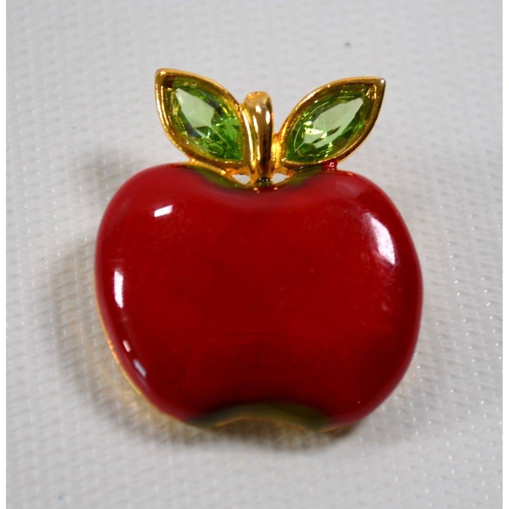Vintage Gold Tone Red Apple Brooch Pin Green Rhinestone Leaves 1" x 1.25"
